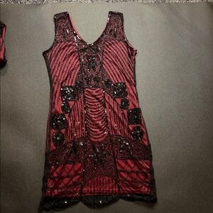 Chic Beaded Mini Dress in Black and Maroon size xl